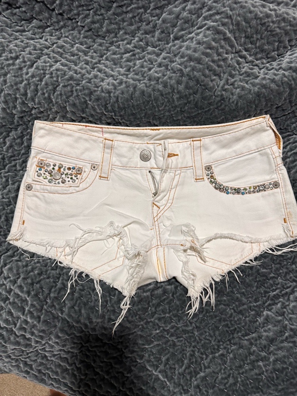 White Distressed True Religion Denim Shorts with Rhinestone Trim